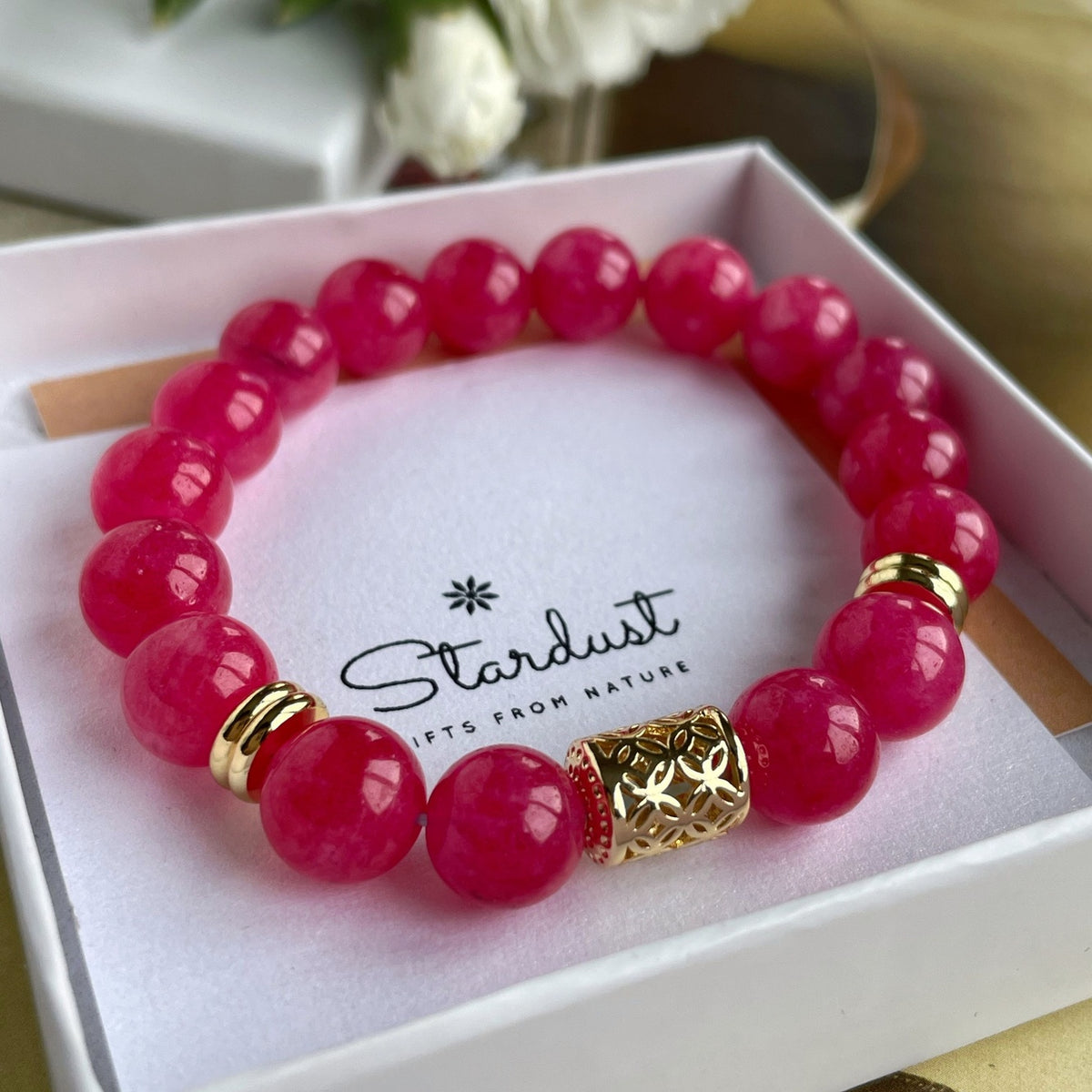 Hot Pink Jade Bracelet | 18K Gold-Plated Beaded Jewelry