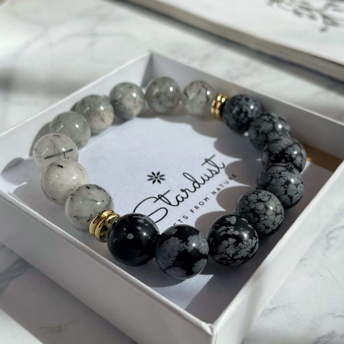 Snowflake Obsidian & Rutilated Quartz Bracelet | 18K Gold Accents