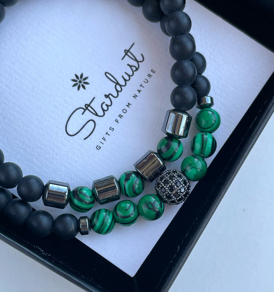 Green malachite mens bracelet set