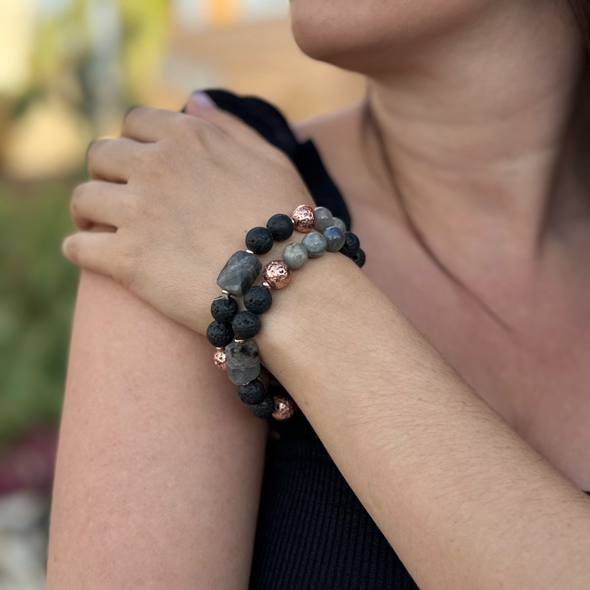Labradorite Lava Rose Gold Bracelet Stack, Boho Natural Aromatherapy Gemstone Bracelet