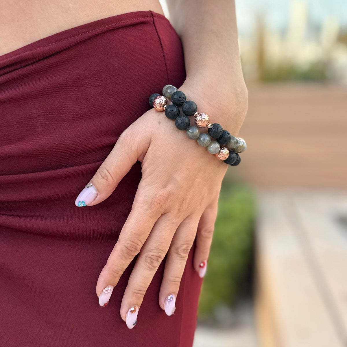 Labradorite Lava Rose Gold Bracelet Stack, Boho Natural Aromatherapy Gemstone Bracelet