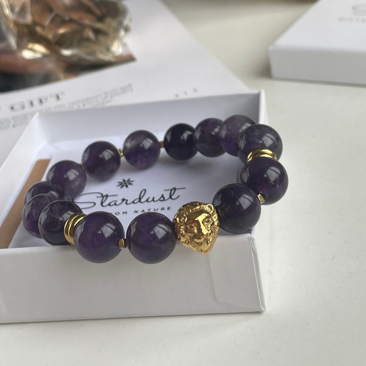 Luxury Amethyst Bracelet | 18K Gold-Plated Lion Head