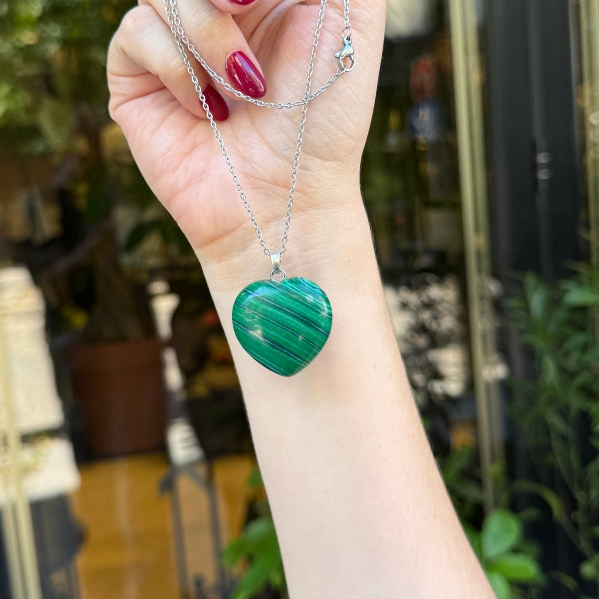 Large Malachite Heart Pendant Necklace | Silver