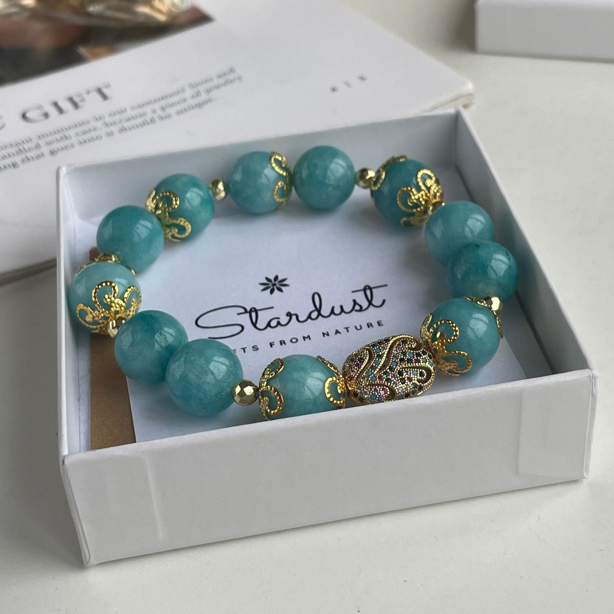 Luxury Amazonite Bracelet | Gold Filigree & Colorful Zircon Accents