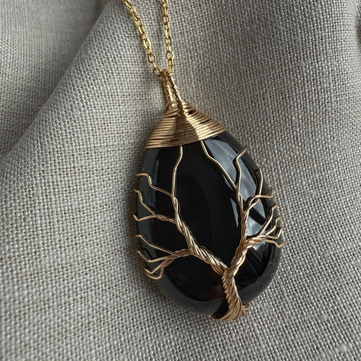 Obsidian Pendant, gold wired Tree Of Life pendant