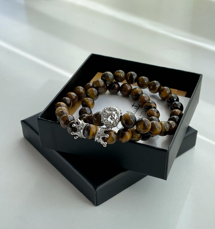 Men’s Tiger Eye Bracelet Set | Silver, Gold & Black Lion