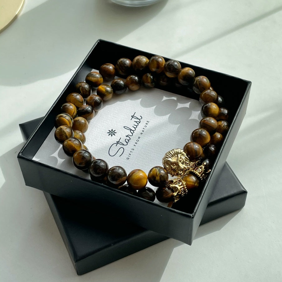 Men’s Tiger Eye Bracelet Set | Silver, Gold & Black Lion