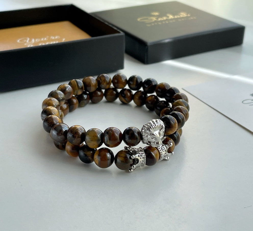 Men’s Tiger Eye Bracelet Set | Silver, Gold & Black Lion