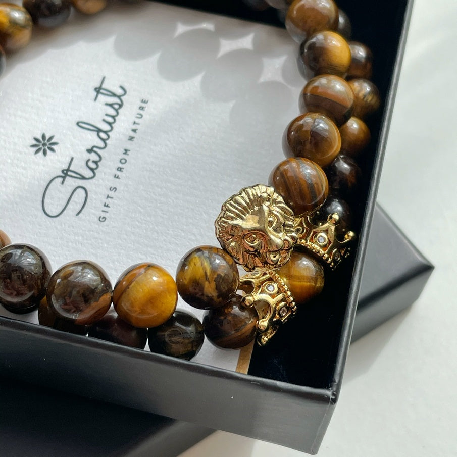 Men’s Tiger Eye Bracelet Set | Silver, Gold & Black Lion