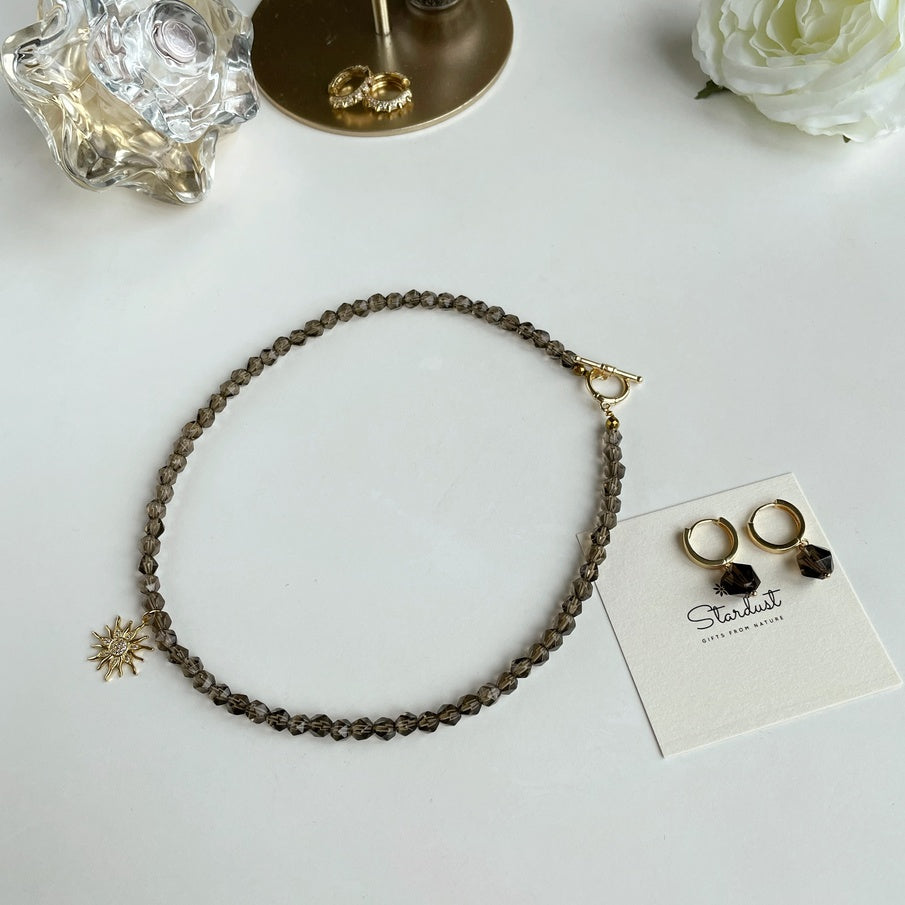 Luxury Smoky Quartz beaded necklace with gold Sun charm