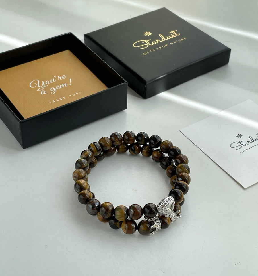Men’s Tiger Eye Bracelet Set | Silver, Gold & Black Lion