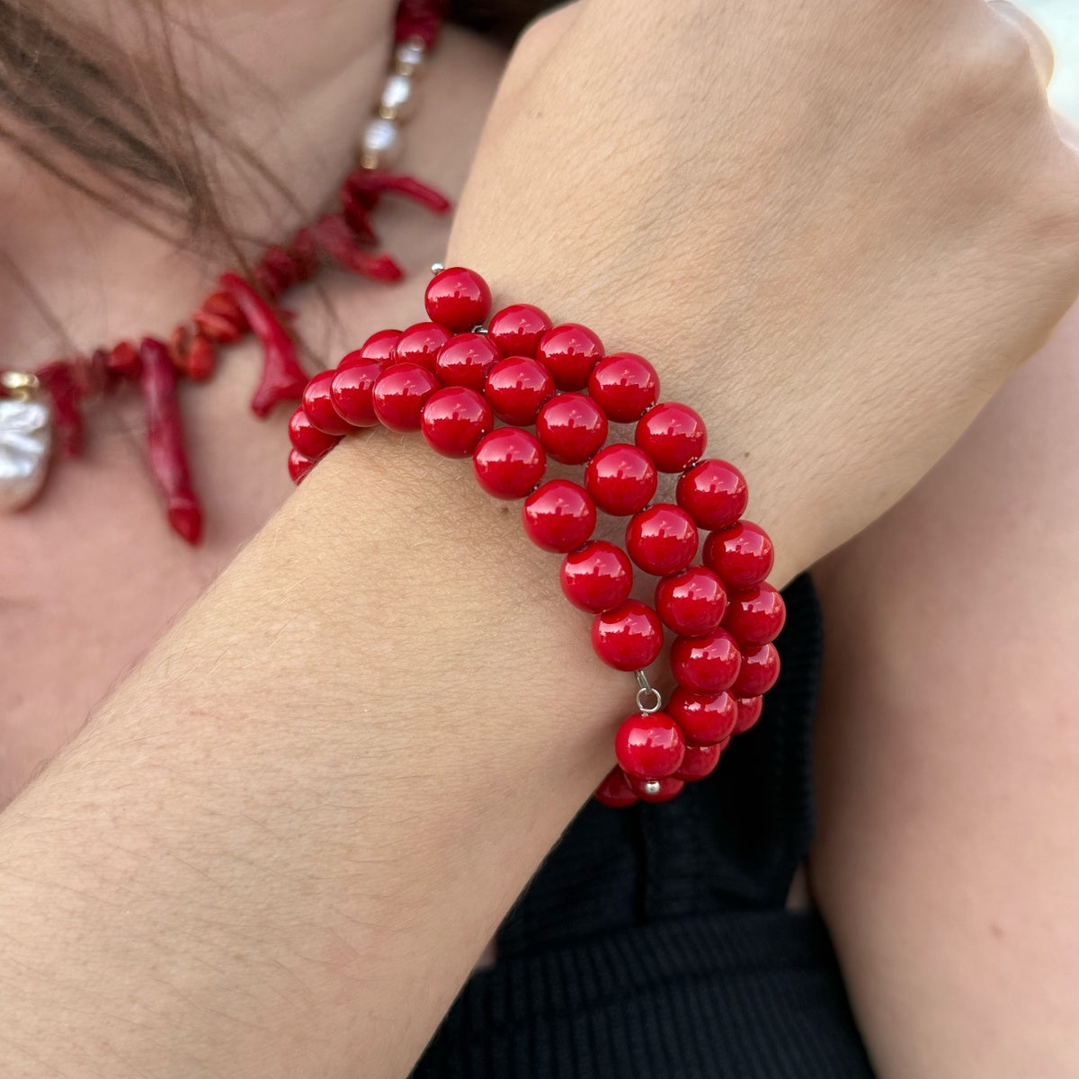 Vibrant Red Majorica Pearl Triple Wrap Bracelet, Romantic Boho Summer Jewelry