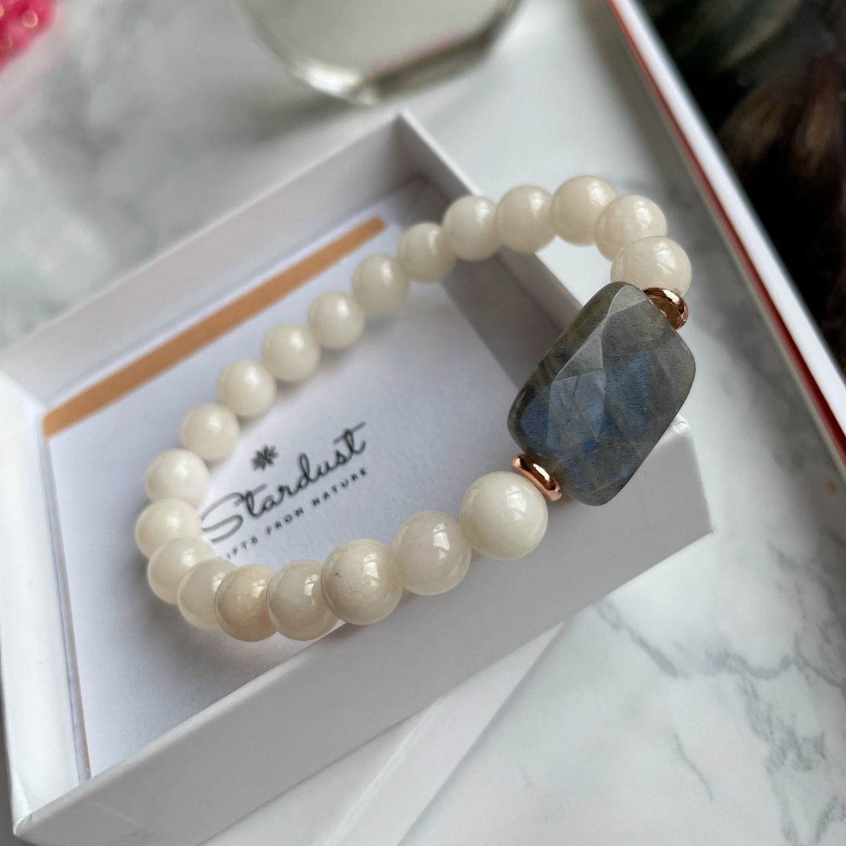 Natural Labradorite & Beige Jade Bracelet 8mm | Rose Gold