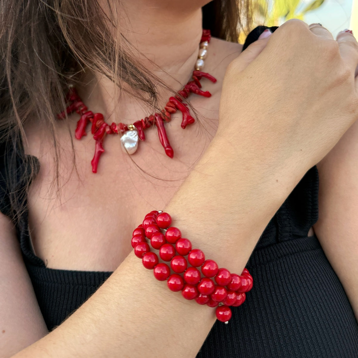 Vibrant Red Majorica Pearl Triple Wrap Bracelet, Romantic Boho Summer Jewelry
