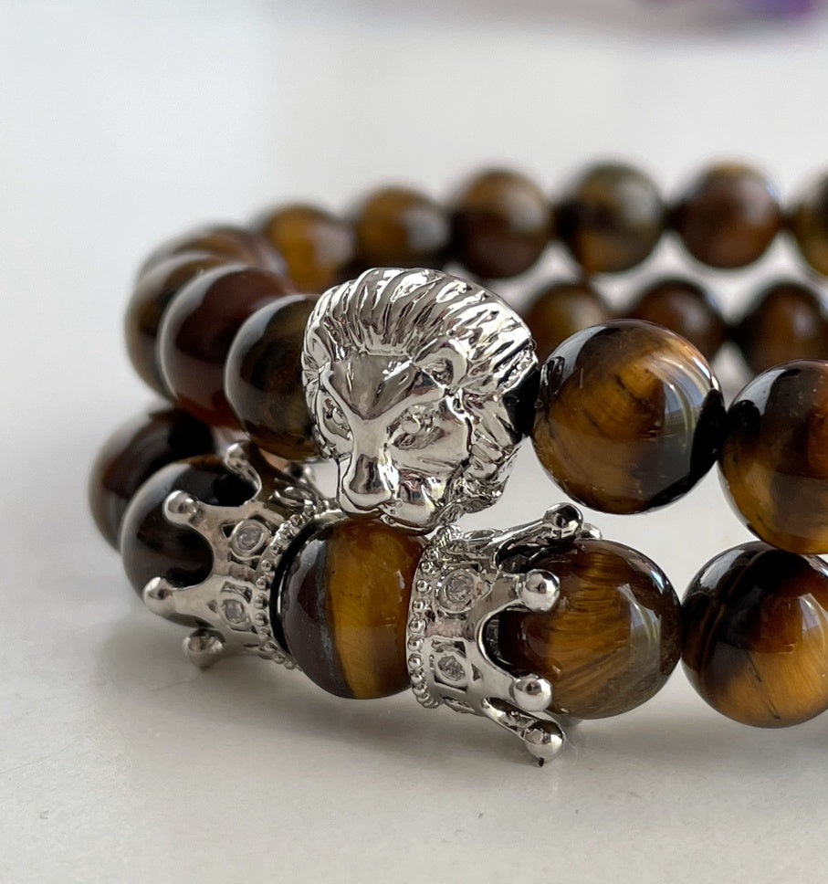 Men’s Tiger Eye Bracelet Set | Silver, Gold & Black Lion