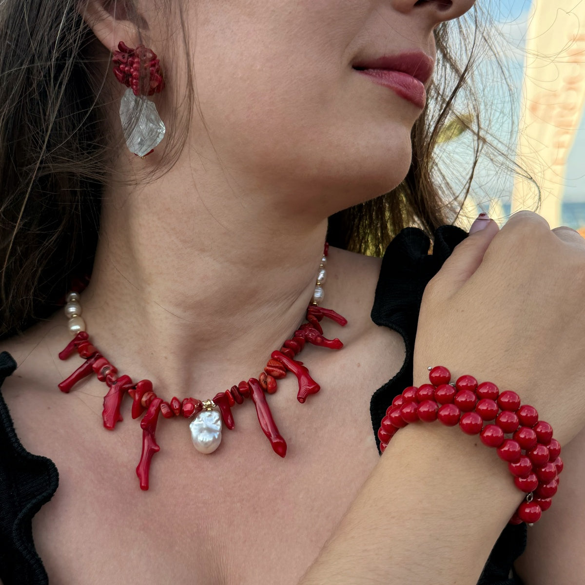 Vibrant Red Majorica Pearl Triple Wrap Bracelet, Romantic Boho Summer Jewelry