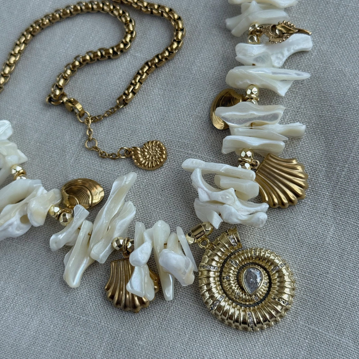Designer Mother of Pearl Statement Necklace | Gold Shell Jewelry