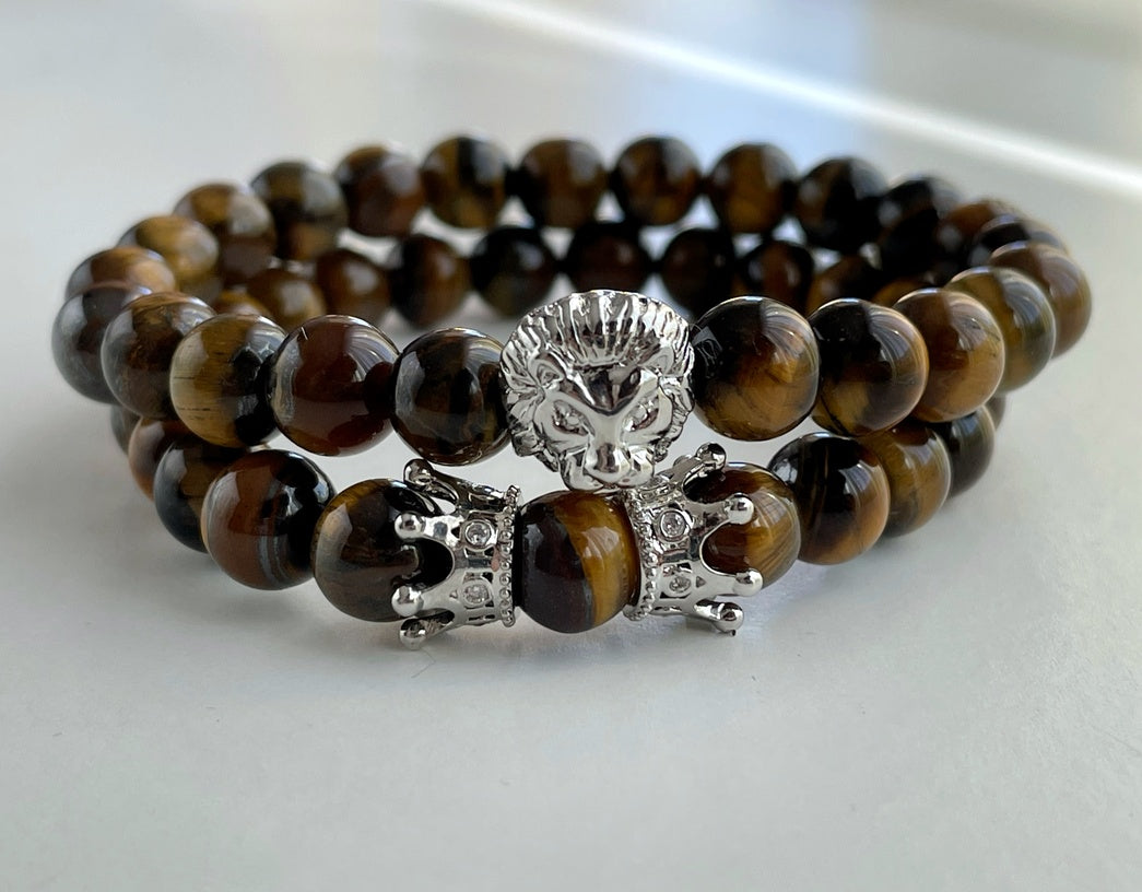 Men’s Tiger Eye Bracelet Set | Silver, Gold & Black Lion