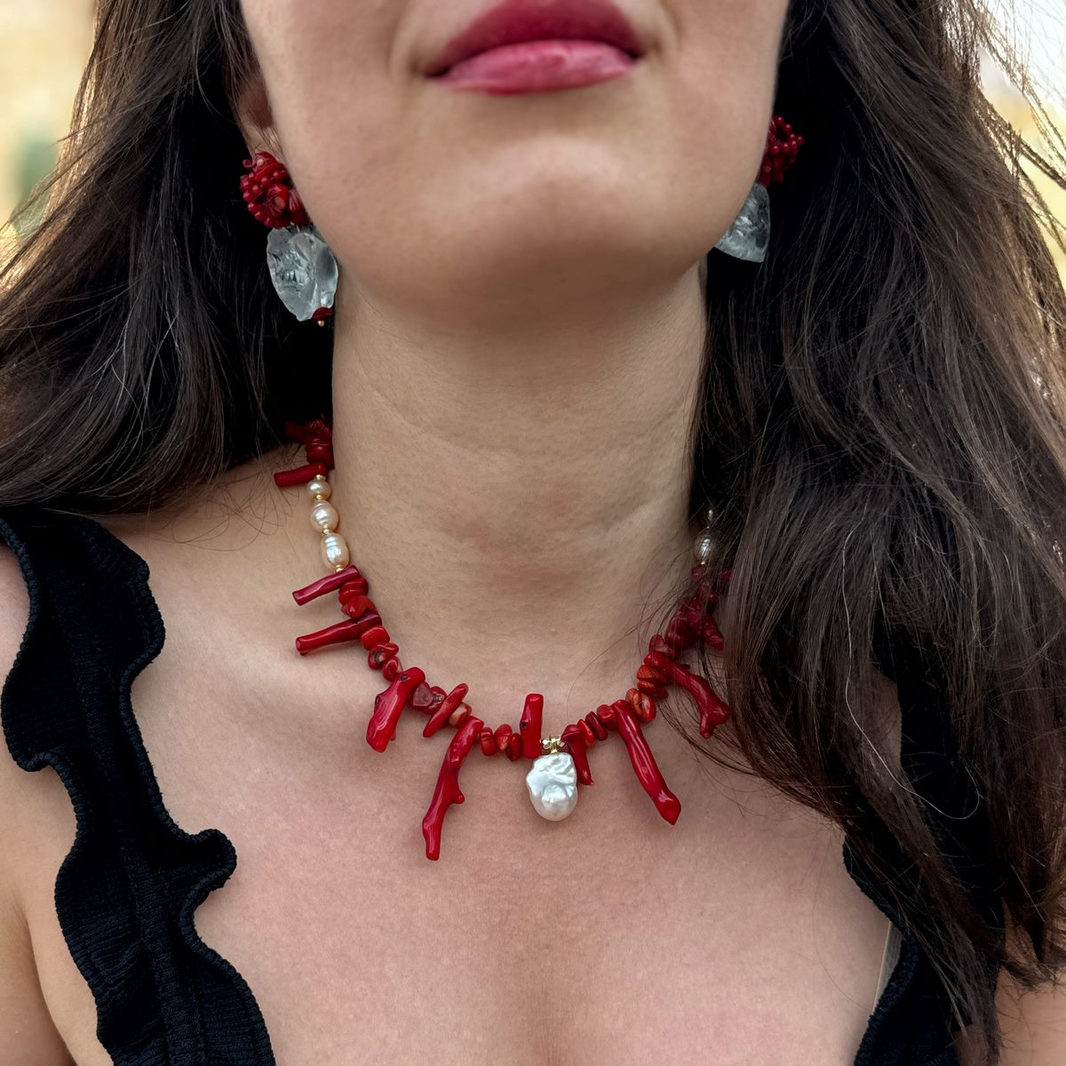 Statement Red Coral & Baroque Pearl Necklac,| Boho Chic Jewelry, Summer Necklace
