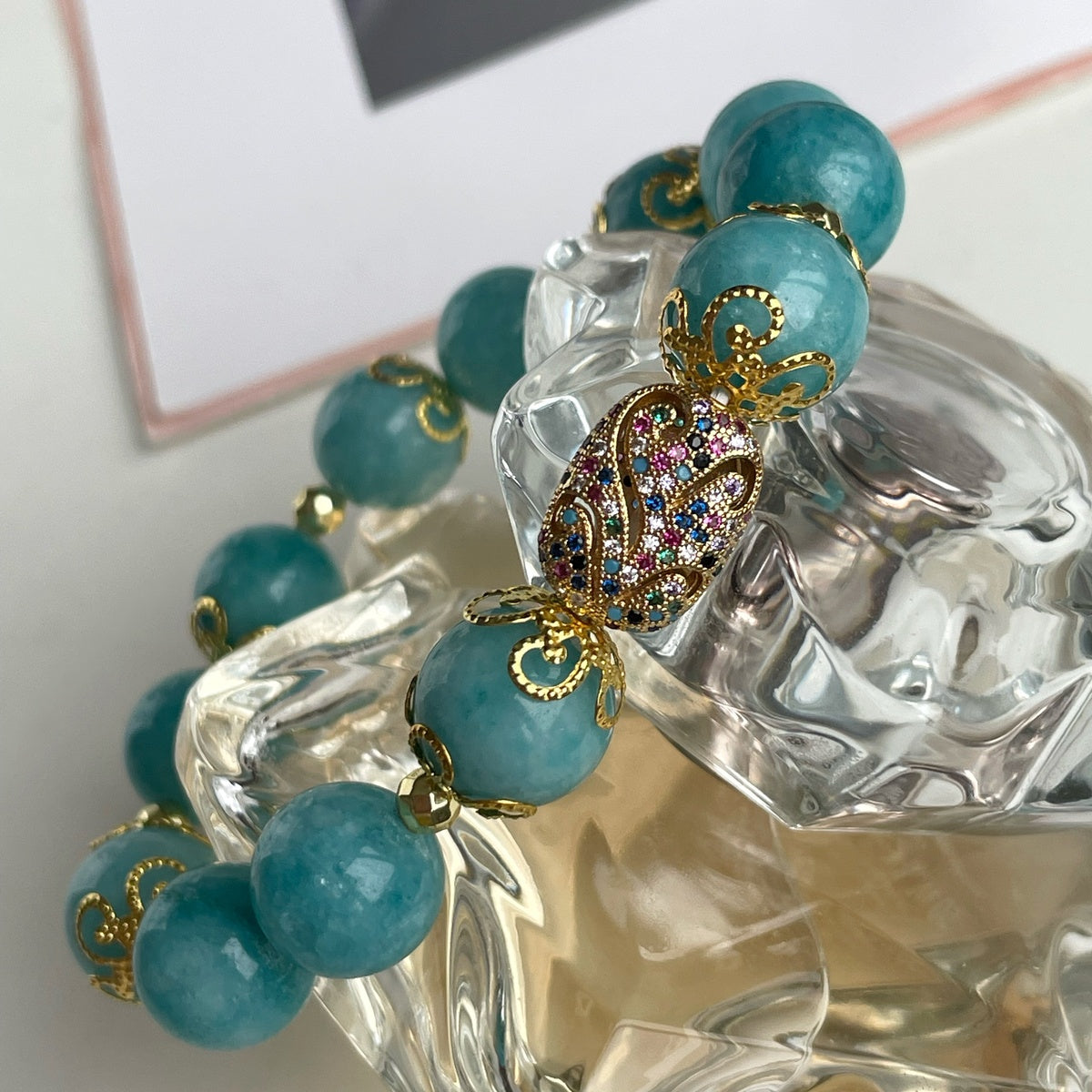 Luxury Amazonite Bracelet | Gold Filigree & Colorful Zircon Accents