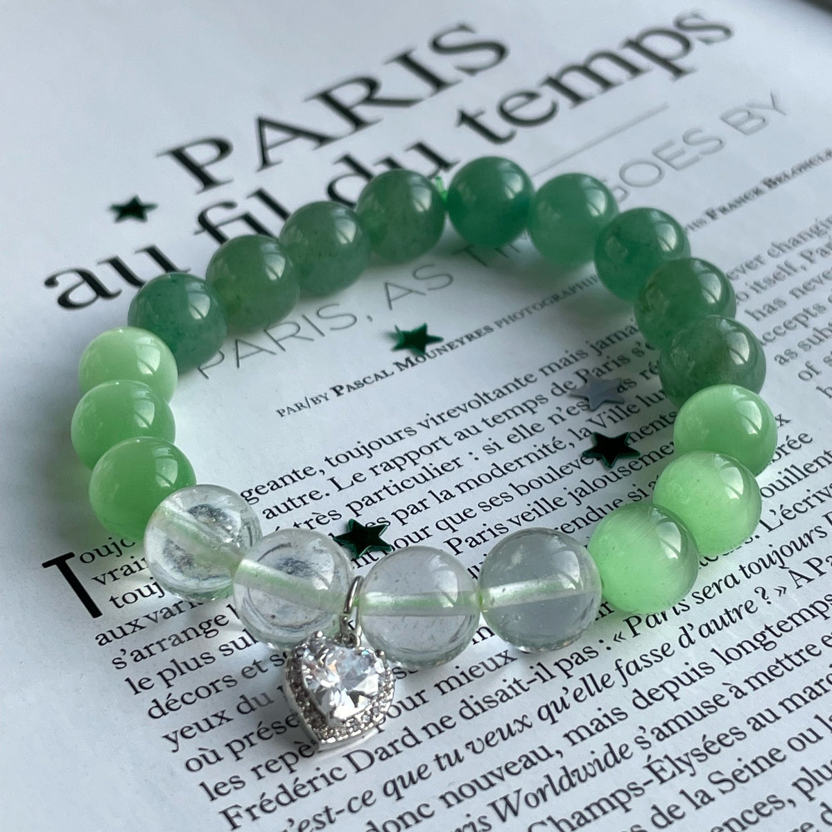 GREEN HARMONY | Aventurine & Clear Quartz Bracelet with Heart Charm