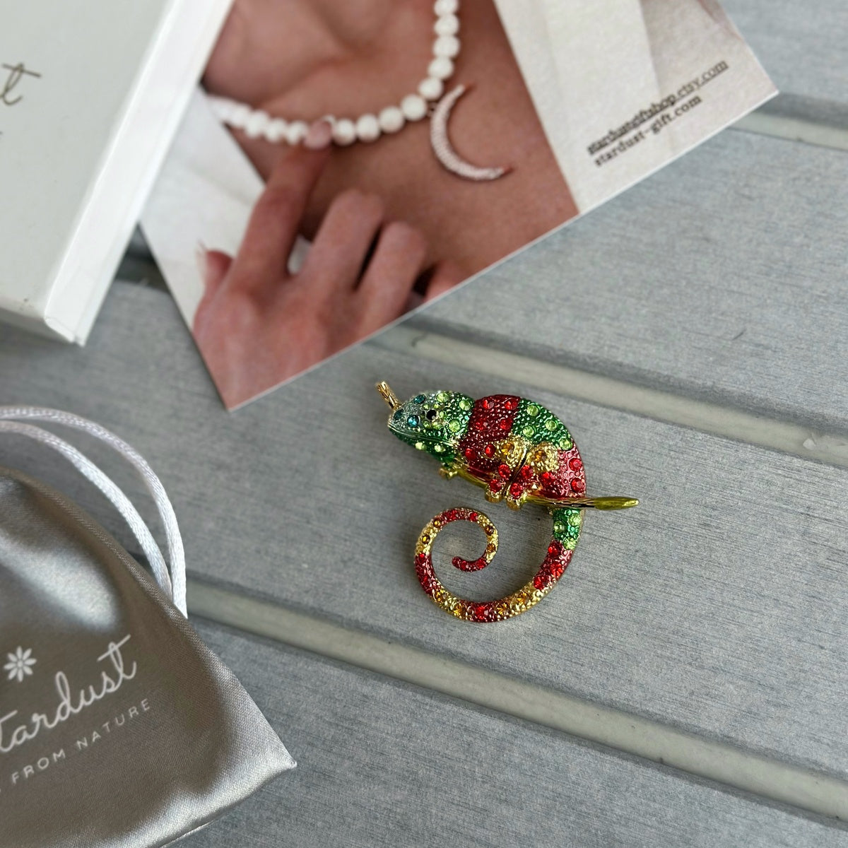 Colorful Chameleon Brooch with Zircons