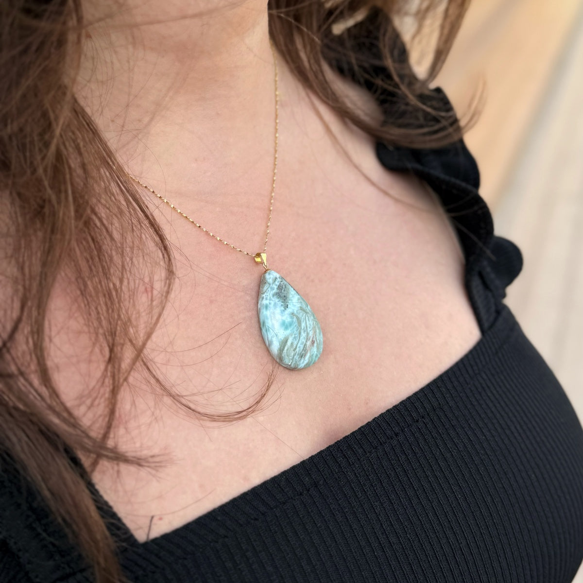 Luxury Natural Larimar Pendant Necklace, 18K Gold-Plated, A Little Piece of the Caribbean Sea