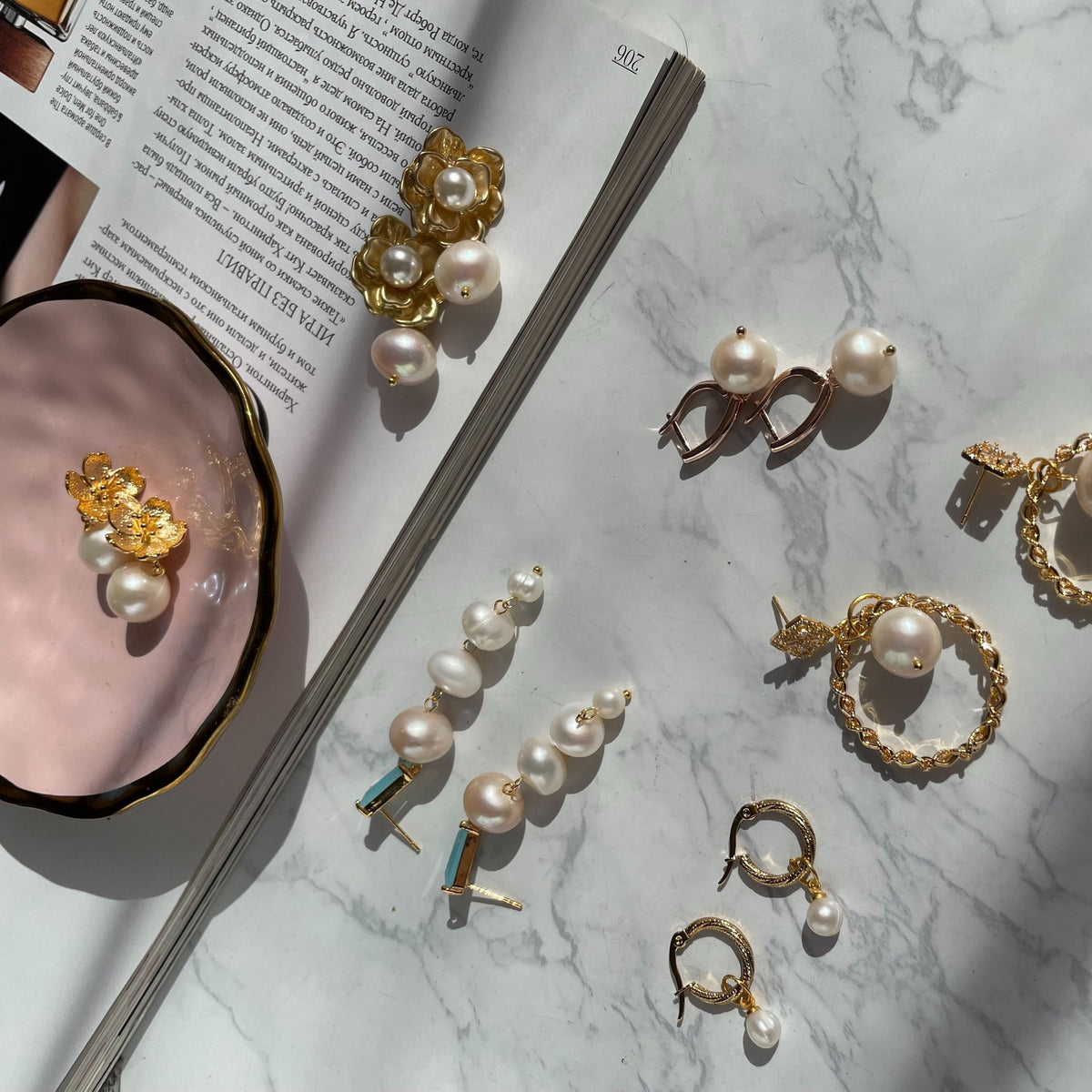 Elegant White Pearl Earrings with gold flowers