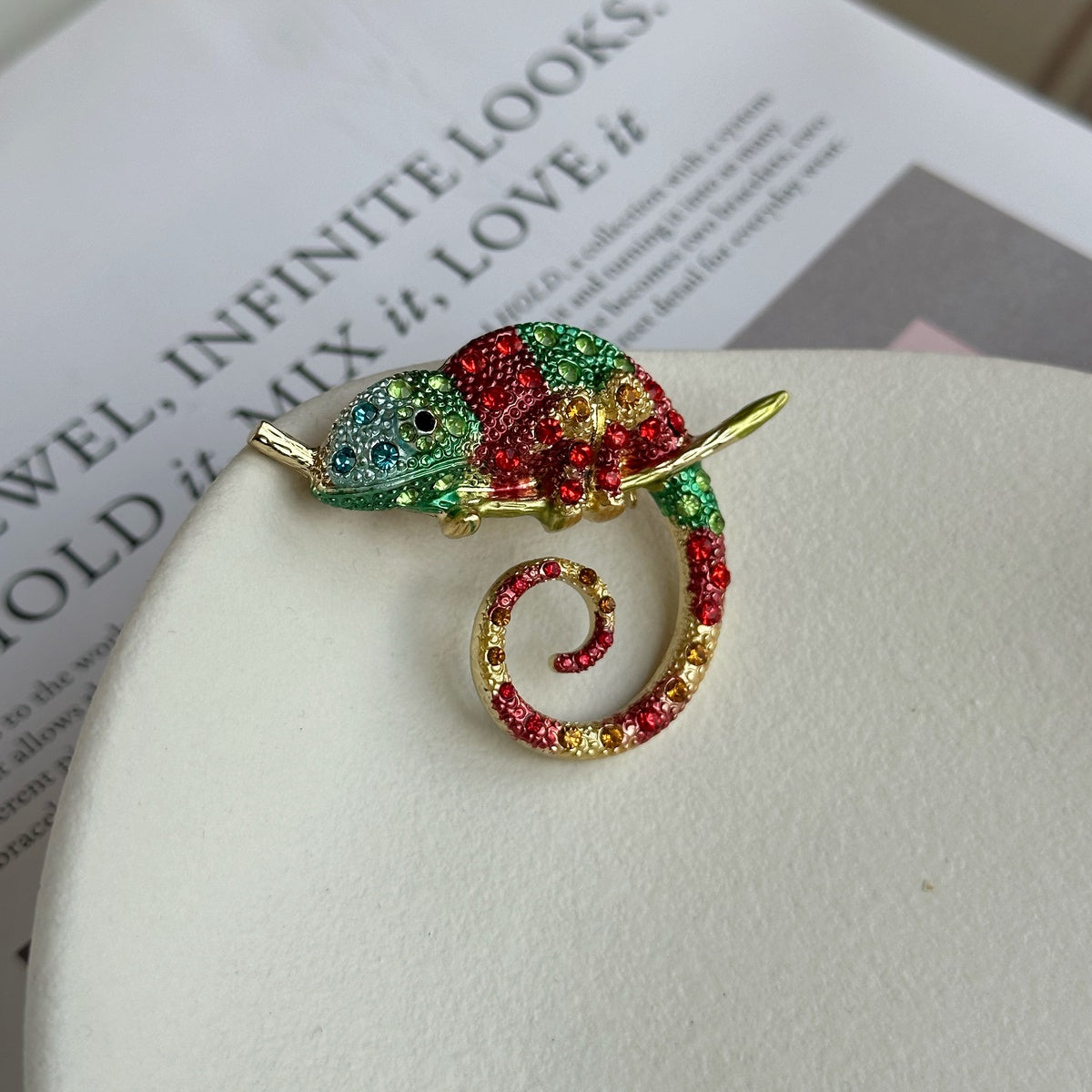 Colorful Chameleon Brooch with Zircons