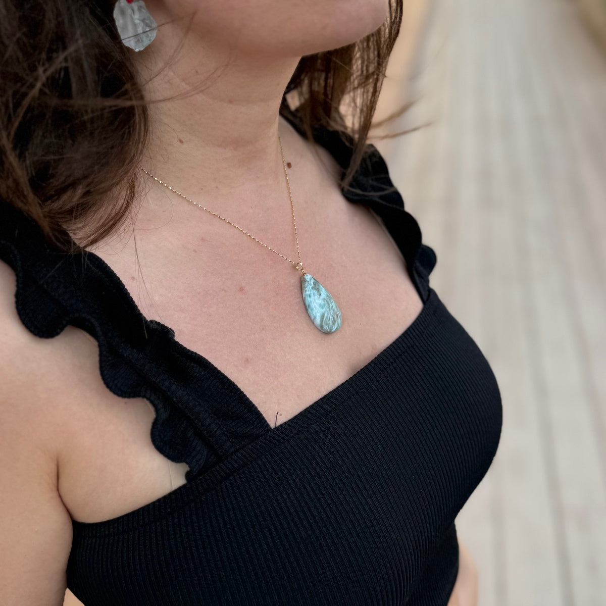 Luxury Natural Larimar Pendant Necklace, 18K Gold-Plated, A Little Piece of the Caribbean Sea