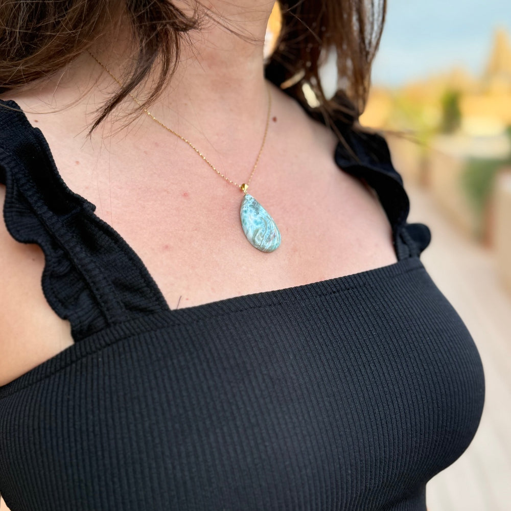 Luxury Natural Larimar Pendant Necklace, 18K Gold-Plated, A Little Piece of the Caribbean Sea