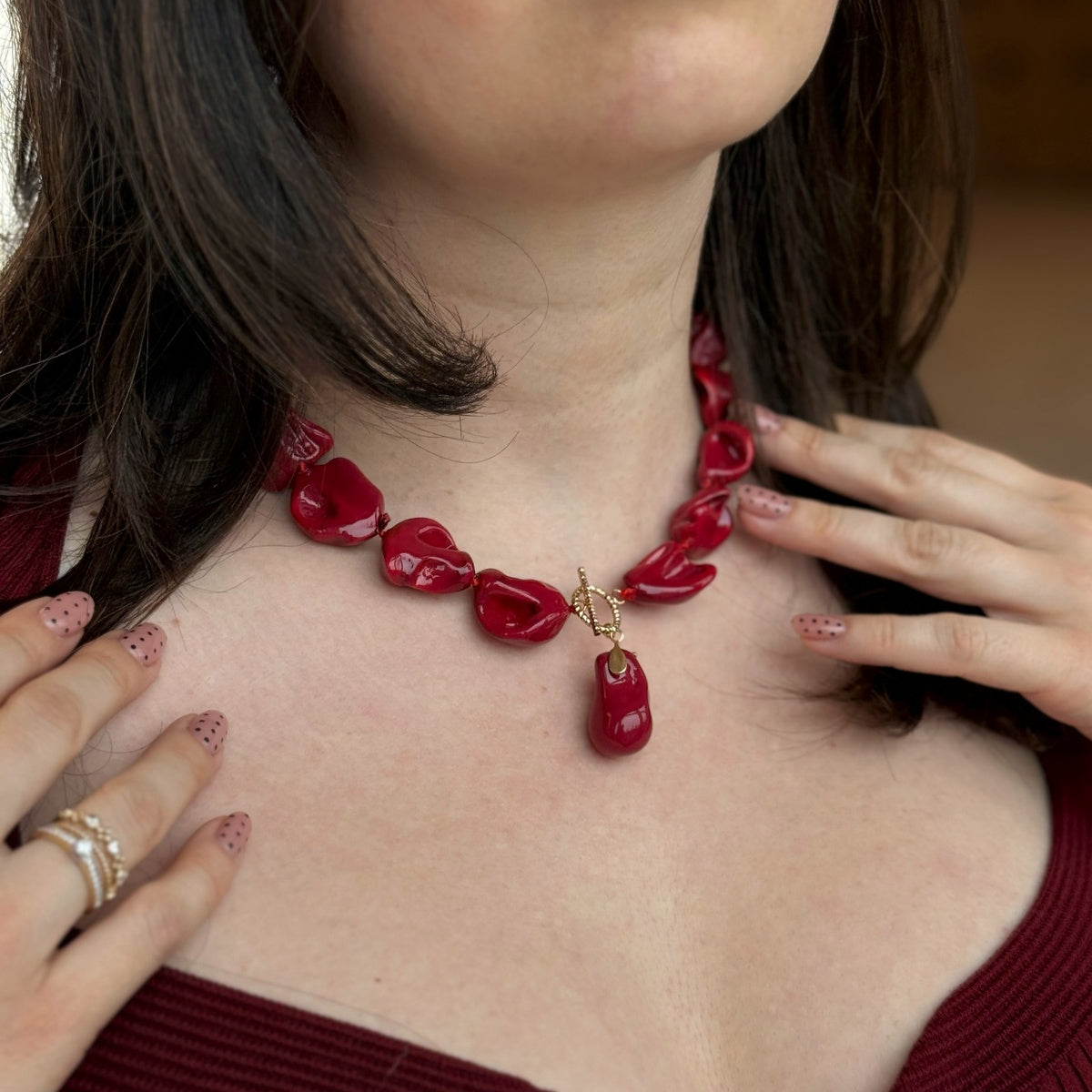 Red Baroque Pearl Necklace, Glamorous Evening Formal jewelry