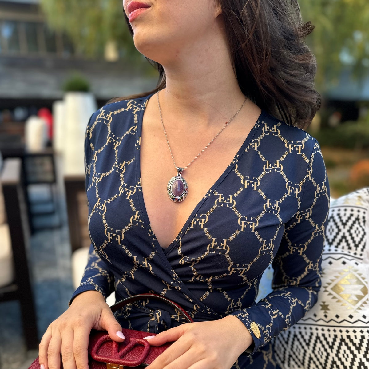 Vintage Floral Frame Gemstone Necklace | Natural Stone Pendant