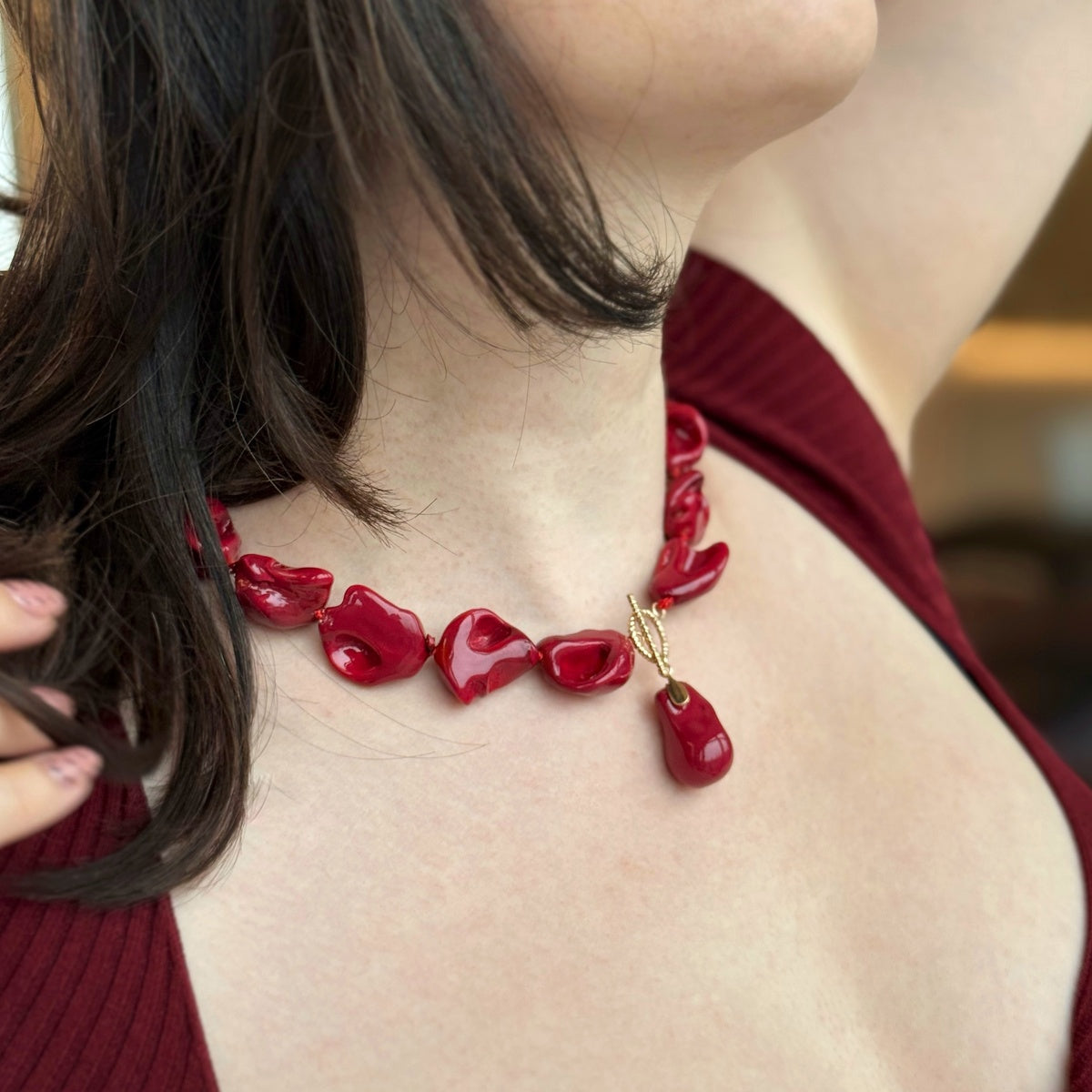 Red Baroque Pearl Necklace, Glamorous Evening Formal jewelry