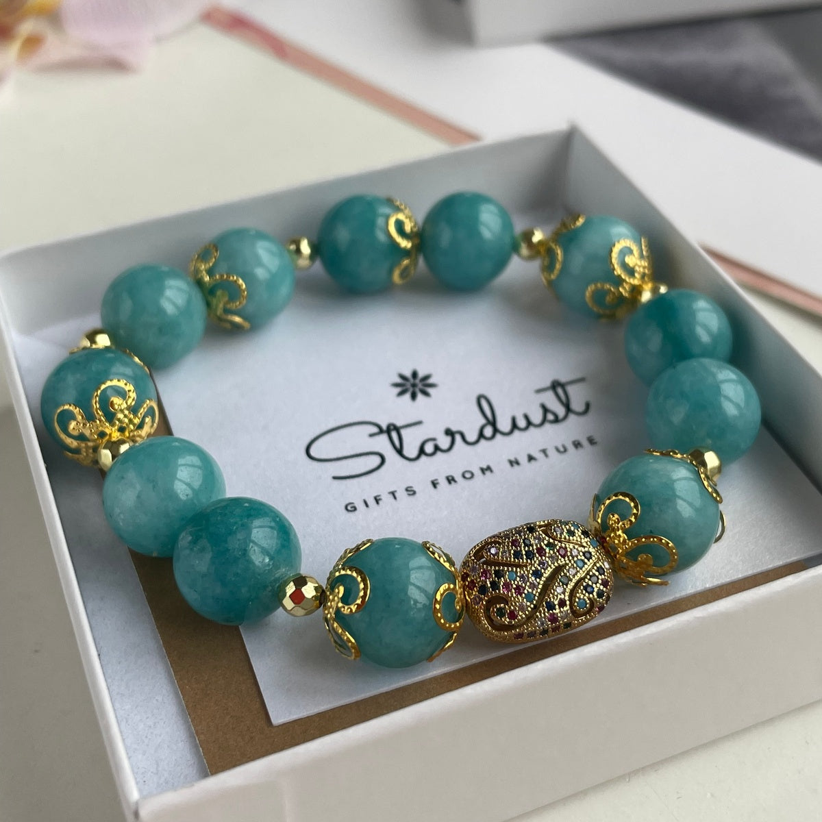 Luxury Amazonite Bracelet | Gold Filigree & Colorful Zircon Accents