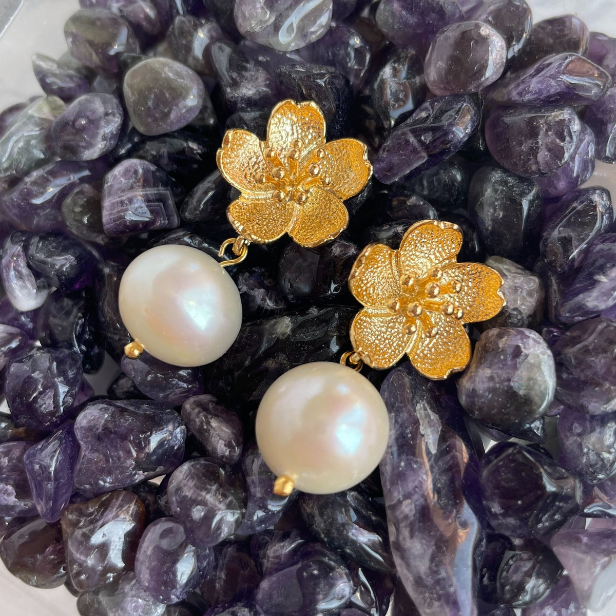 Elegant White Pearl Earrings with gold flowers