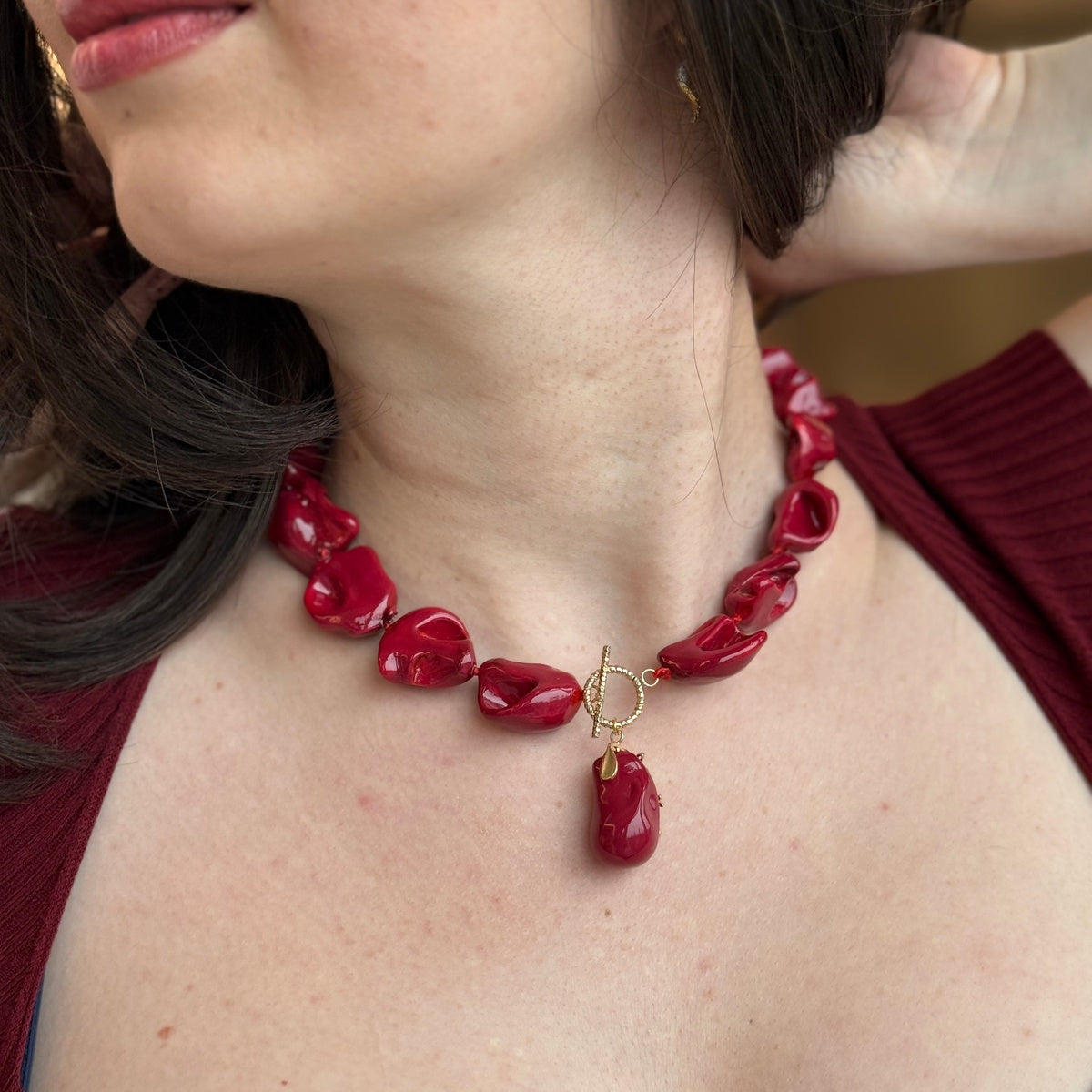 Red Baroque Pearl Necklace, Glamorous Evening Formal jewelry