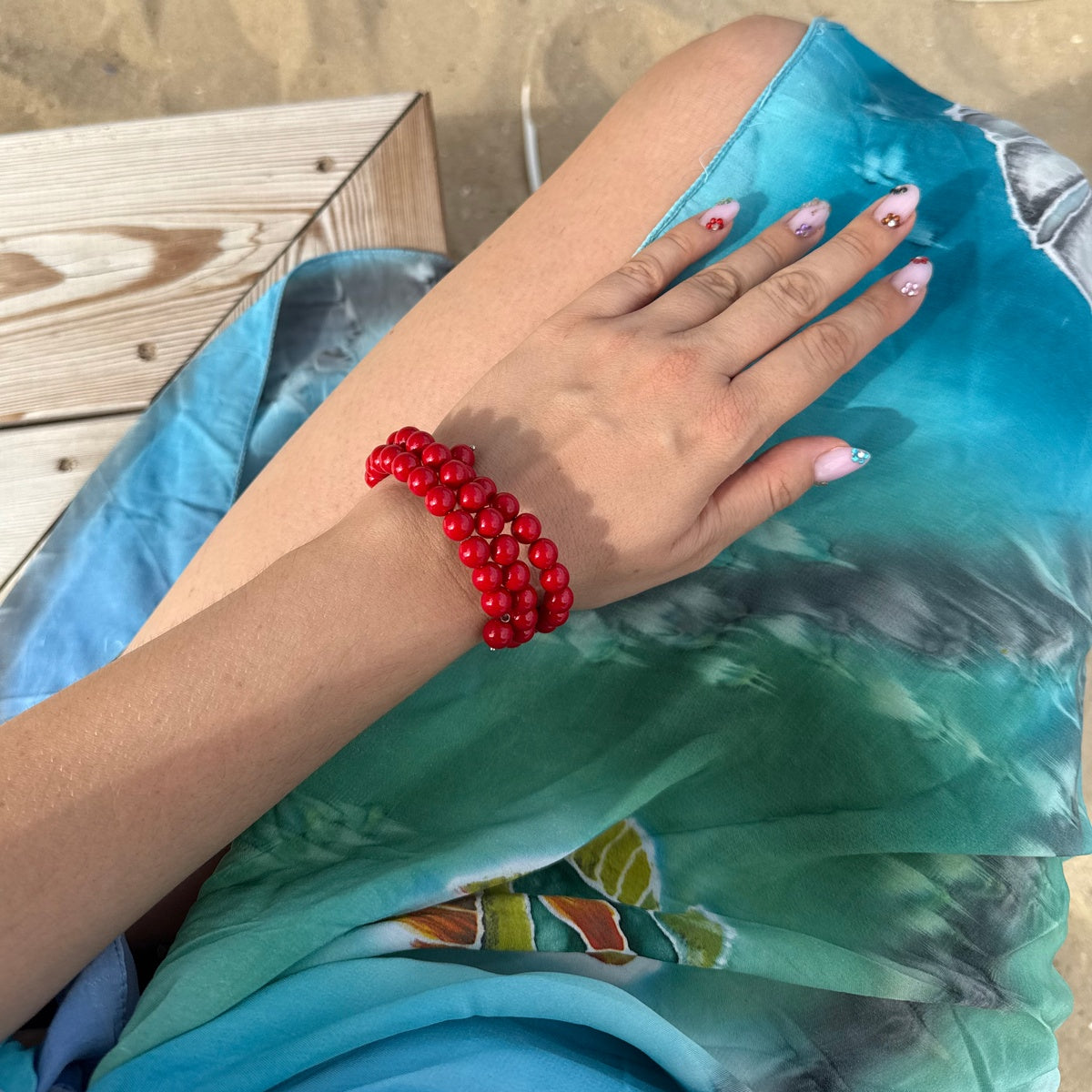 Vibrant Red Majorica Pearl Triple Wrap Bracelet, Romantic Boho Summer Jewelry