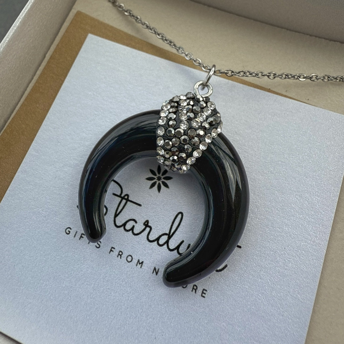 Black Obsidian horn pendant, genuine obsidian necklace, silver chain, boho chic jewelry