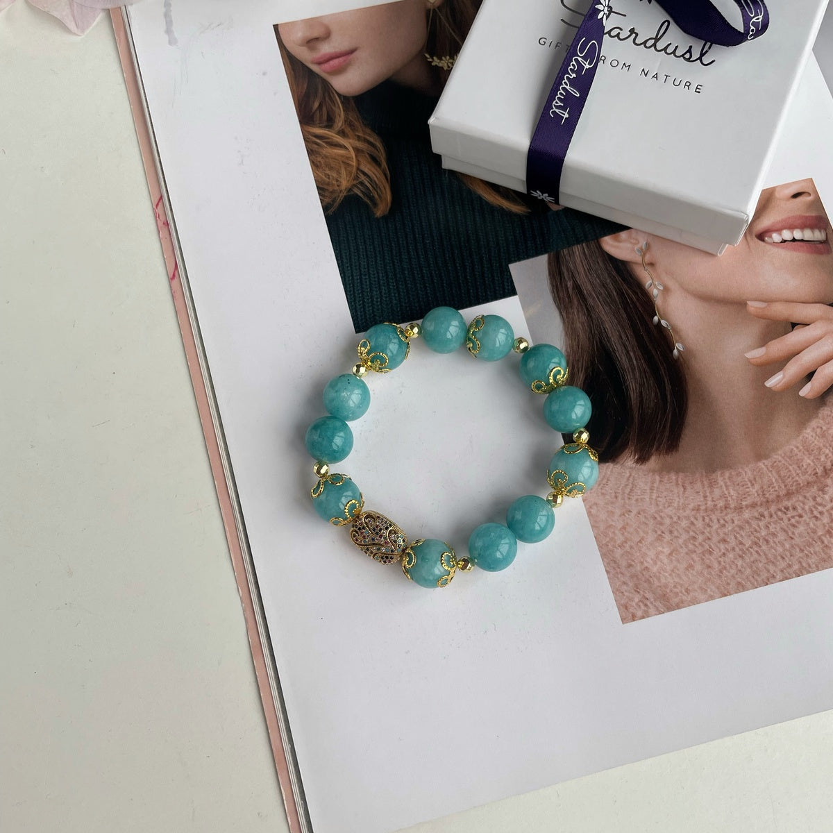Luxury Amazonite Bracelet | Gold Filigree & Colorful Zircon Accents