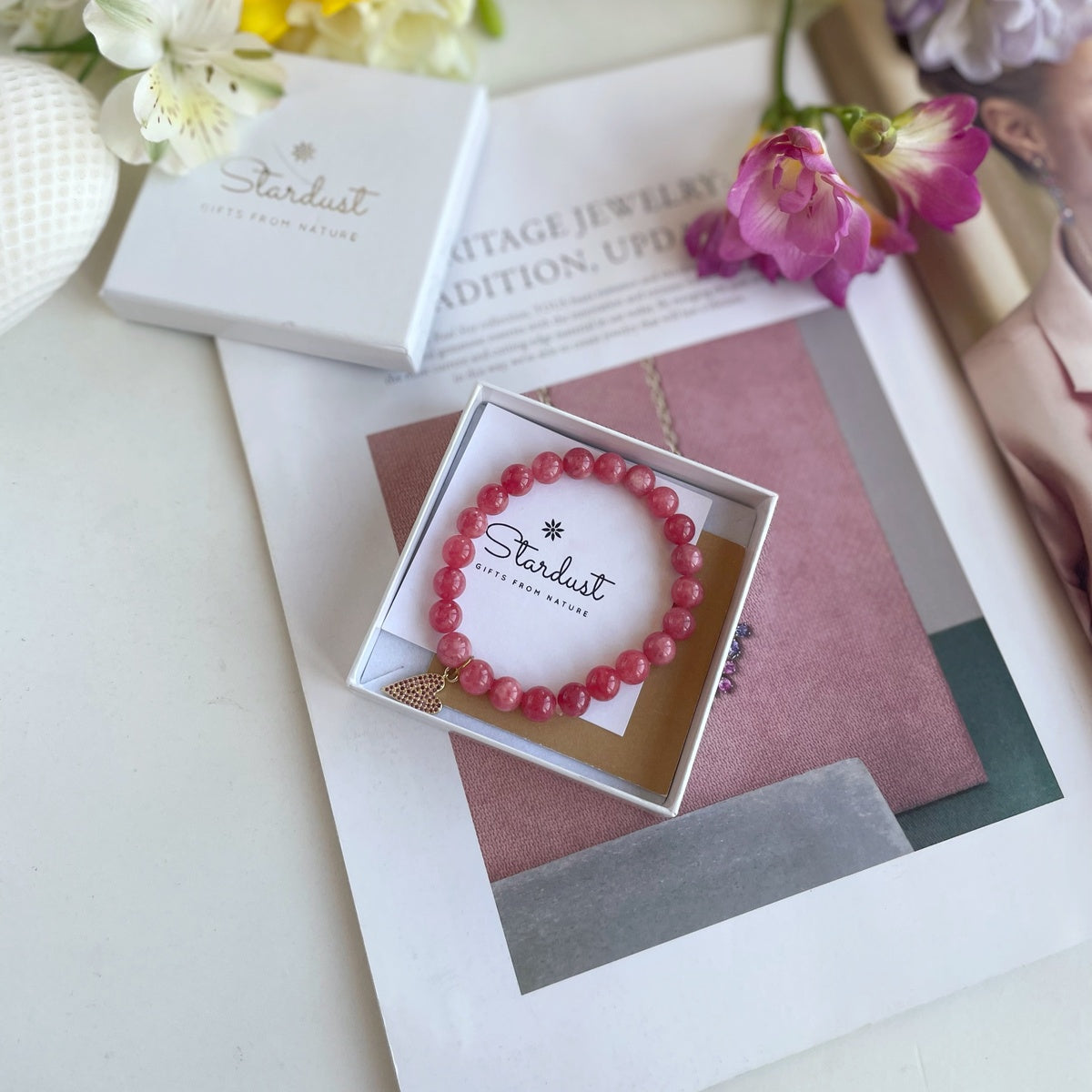 Rose Jade Heart Charm Bracelet | Pink Gemstone & Gold Zirconia