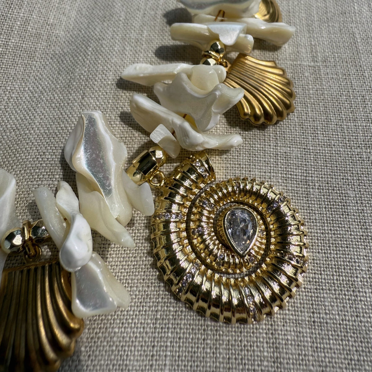 Designer Mother of Pearl Statement Necklace | Gold Shell Jewelry