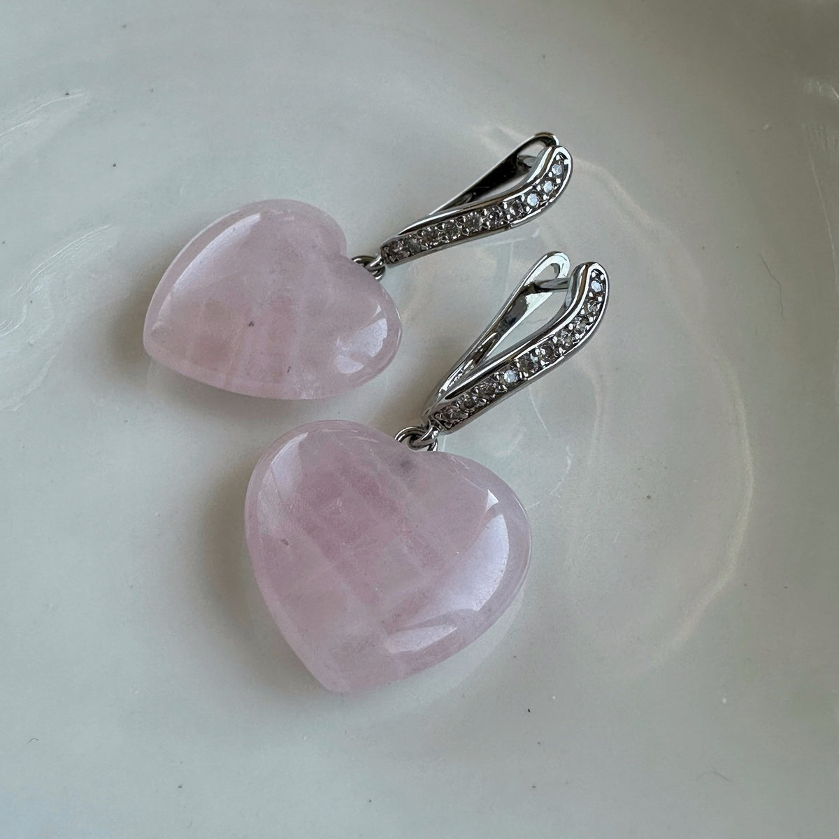 Rose Quartz Heart Earrings | Rhodium-Plated & Sparkling Zirconia