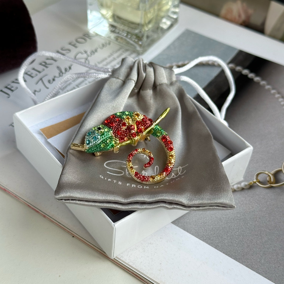 Colorful Chameleon Brooch with Zircons