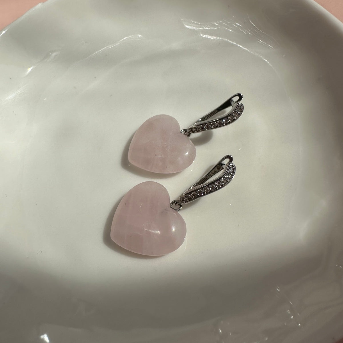 Rose Quartz Heart Earrings | Rhodium-Plated & Sparkling Zirconia