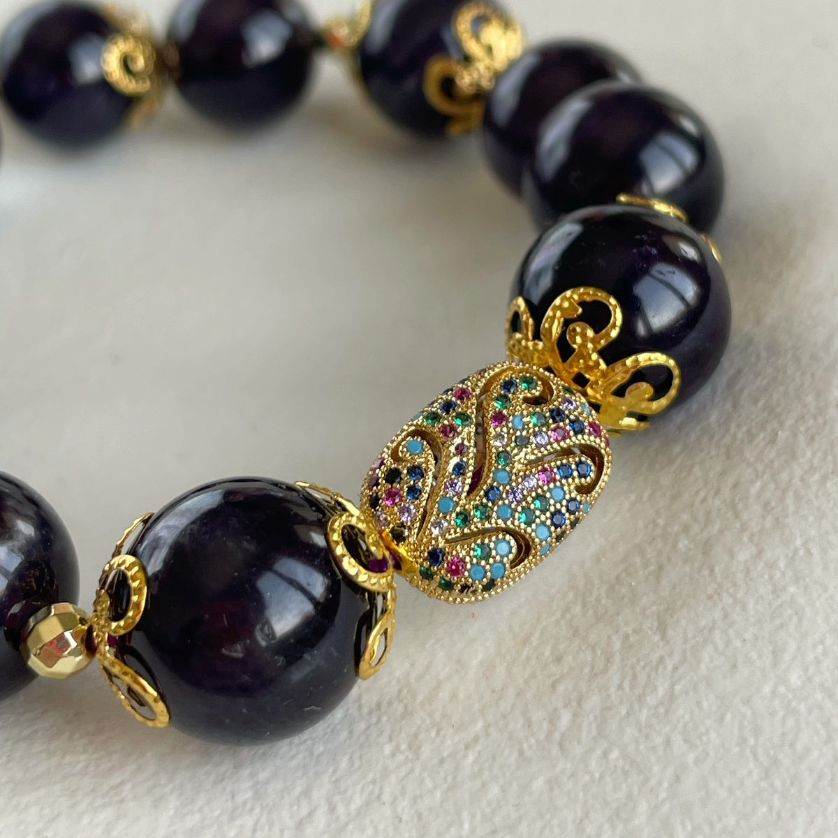 Luxury Amethyst Bracelet | Gold Filigree & Austrian Zircon Accents