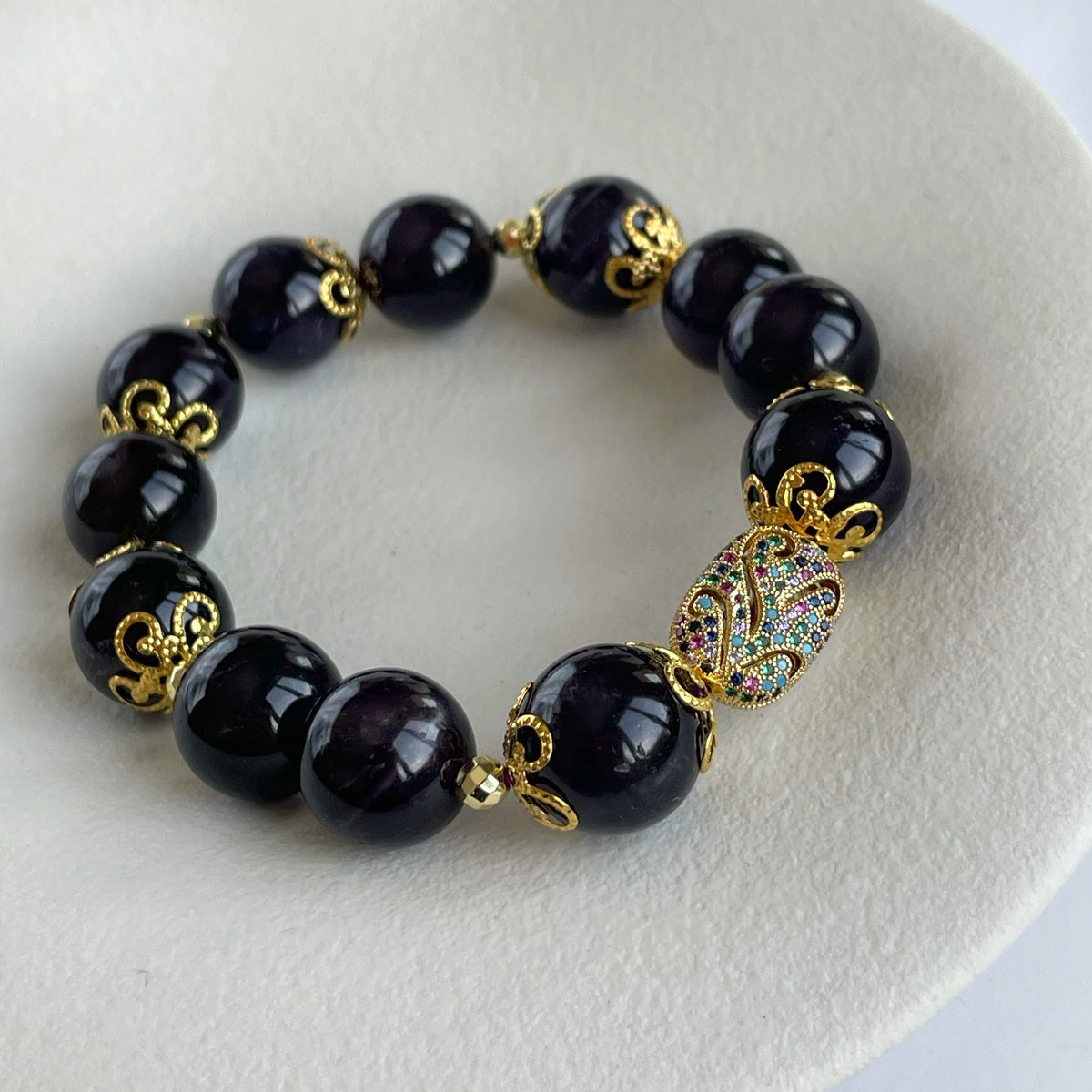 Luxury Amethyst Bracelet | Gold Filigree & Austrian Zircon Accents