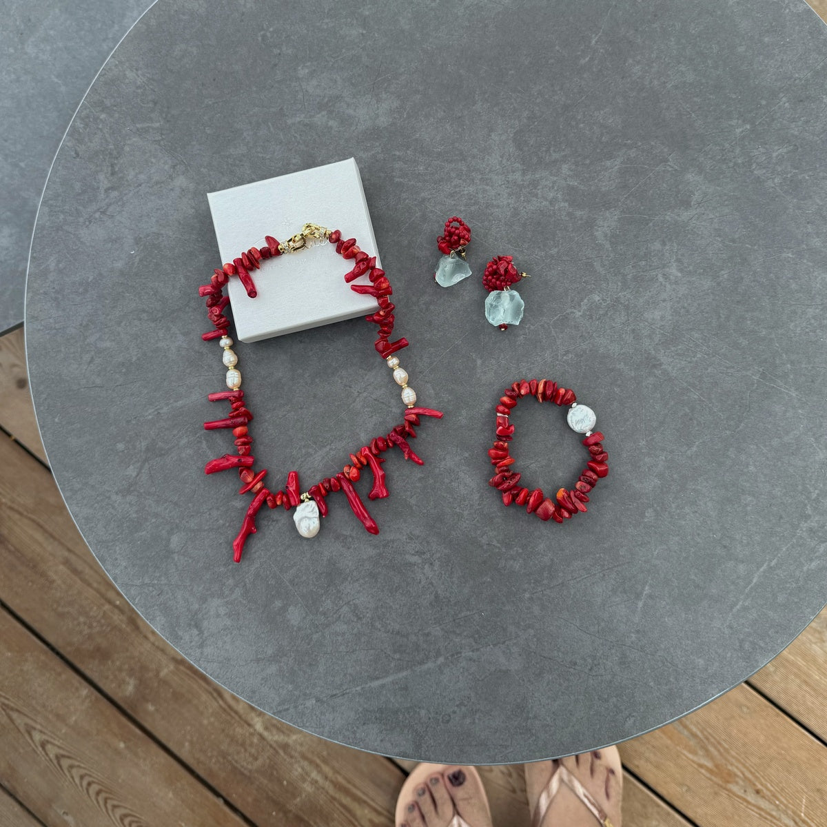 Statement Red Coral & Baroque Pearl Necklac,| Boho Chic Jewelry, Summer Necklace