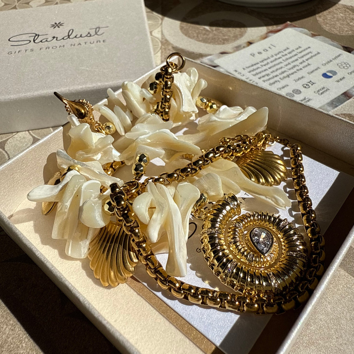 Designer Mother of Pearl Statement Necklace | Gold Shell Jewelry