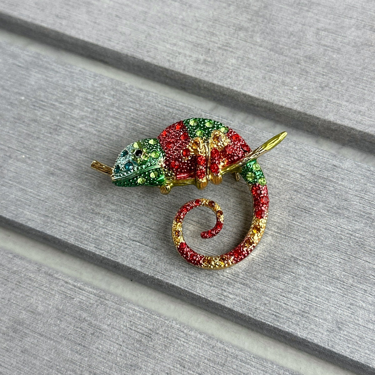 Colorful Chameleon Brooch with Zircons